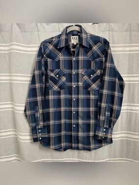Ely Cattleman Men's Blue Plaid Long Sleeve Pearl Snap Western Shirt Size S
